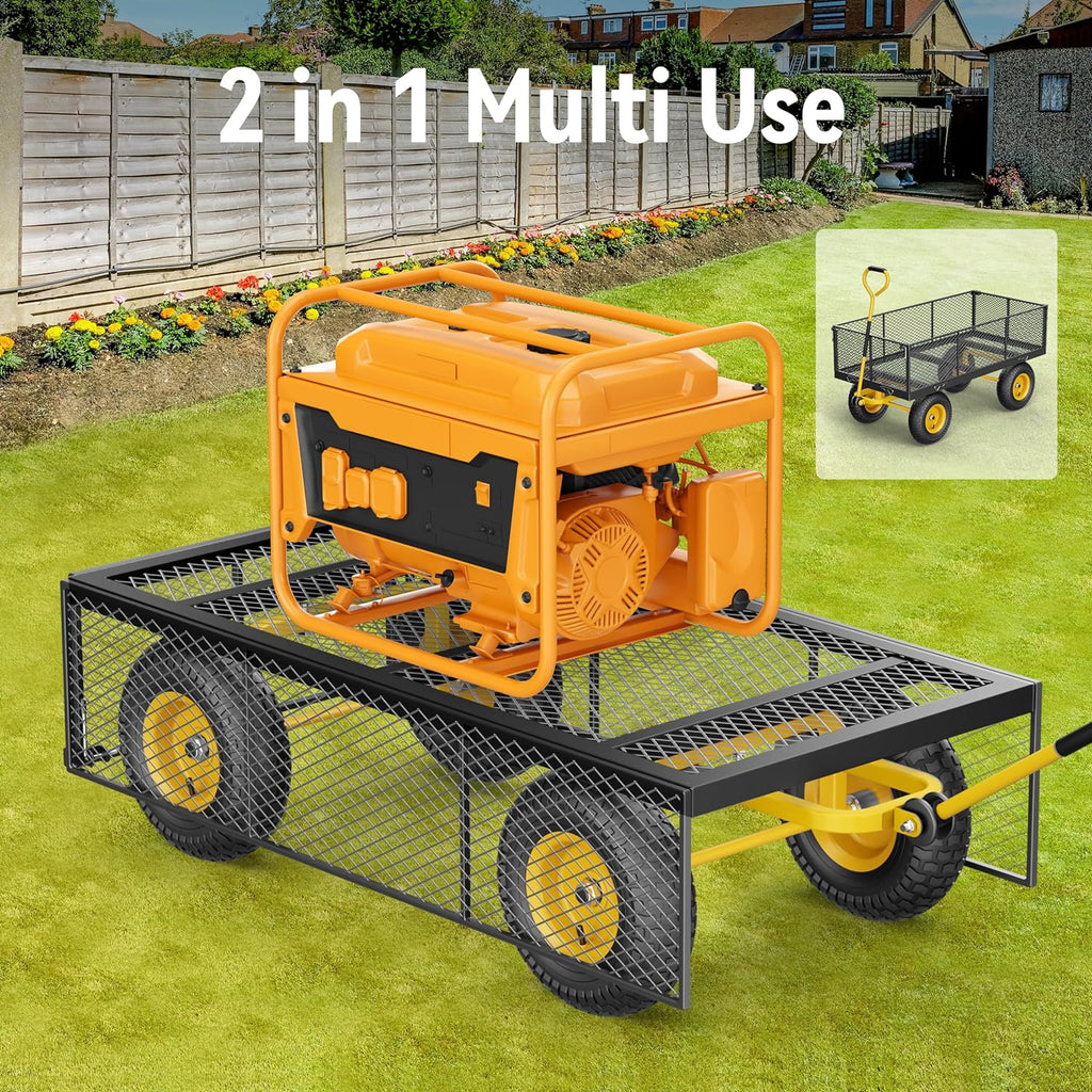 Steel Garden Cart, 2-in-1 1400 lbs Heavy Duty Utility Wagon, with Removable Mesh Sides to Convert into Flatbed, 240" U-Turn 13" Pneumatic Tires Gar...
