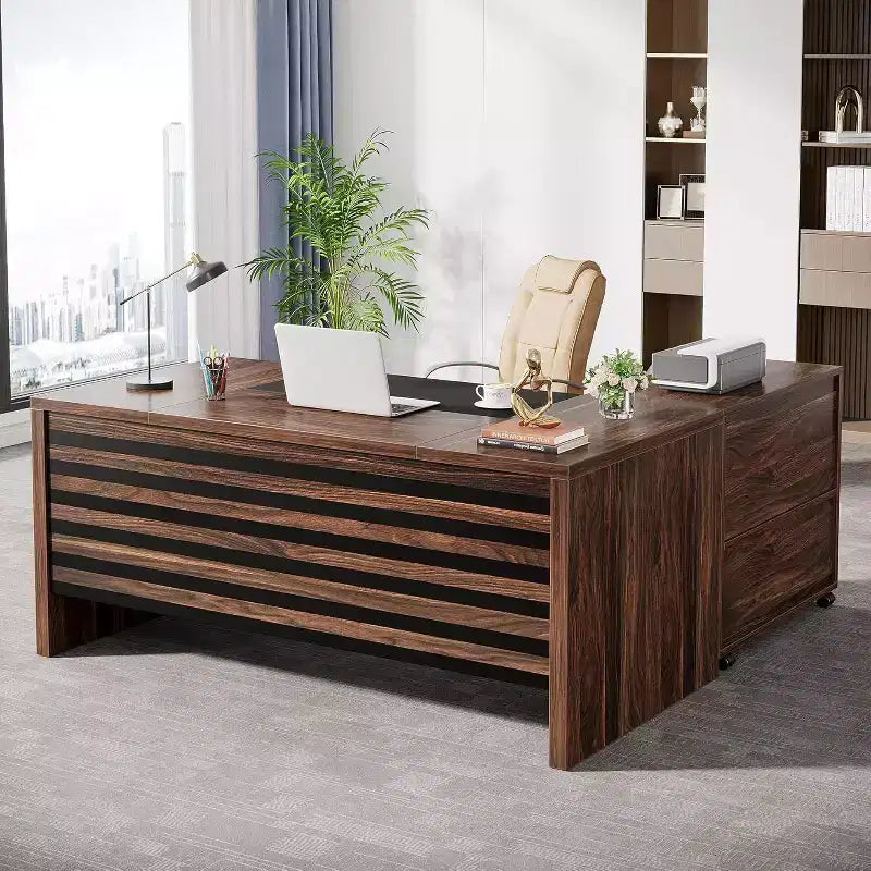 62.2 Large Executive Desk with Mobile File Cabinet, L-Shaped Office Desk with Storage Shelves