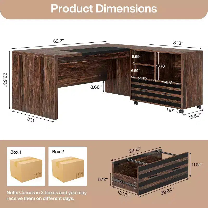 62.2 Large Executive Desk with Mobile File Cabinet, L-Shaped Office Desk with Storage Shelves