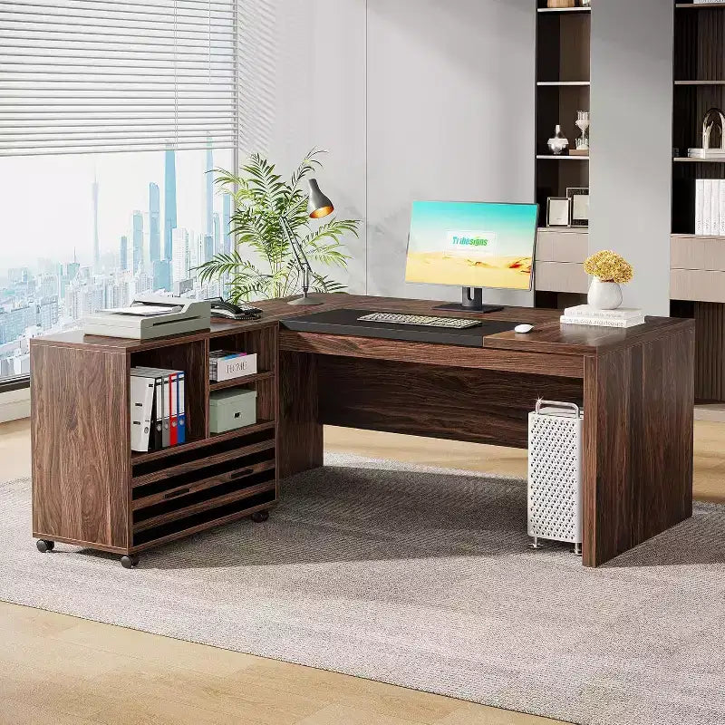 62.2 Large Executive Desk with Mobile File Cabinet, L-Shaped Office Desk with Storage Shelves