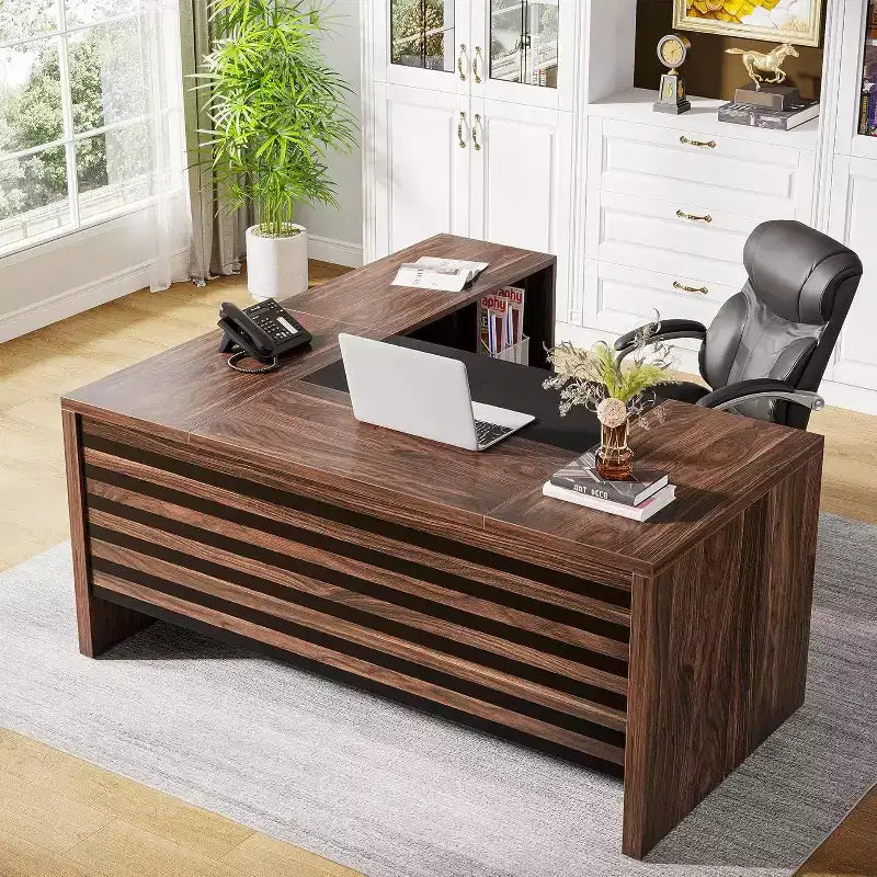 62.2 Large Executive Desk with Mobile File Cabinet, L-Shaped Office Desk with Storage Shelves