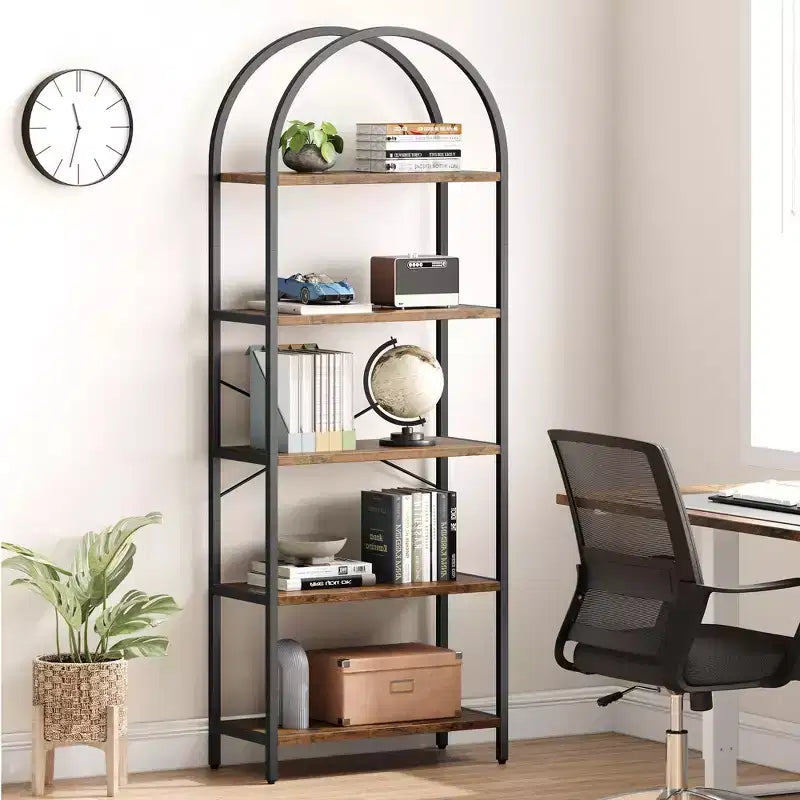 5-Tier Bookshelf - Arched Metal Frame Bookcase, Tall Standing Shelf for Bedroom, Living Room &amp; Home Office