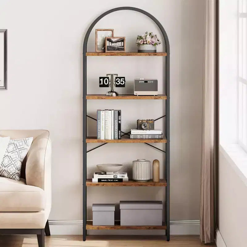5-Tier Bookshelf - Arched Metal Frame Bookcase, Tall Standing Shelf for Bedroom, Living Room &amp; Home Office