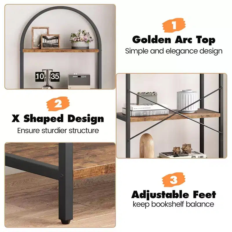 5-Tier Bookshelf - Arched Metal Frame Bookcase, Tall Standing Shelf for Bedroom, Living Room &amp; Home Office