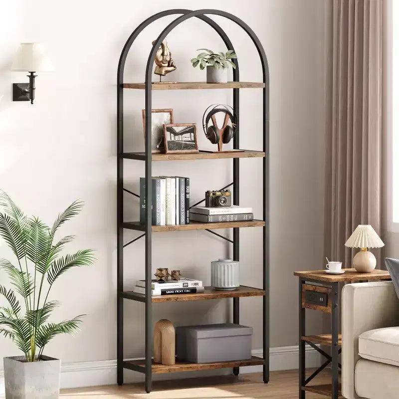 5-Tier Bookshelf - Arched Metal Frame Bookcase, Tall Standing Shelf for Bedroom, Living Room &amp; Home Office