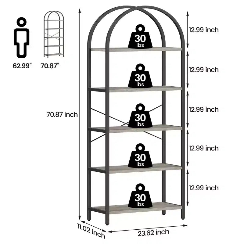 5-Tier Bookshelf - Arched Metal Frame Bookcase, Tall Standing Shelf for Bedroom, Living Room &amp; Home Office