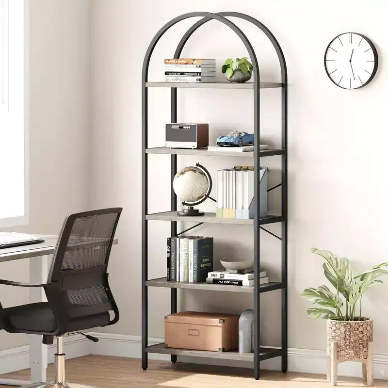 5-Tier Bookshelf - Arched Metal Frame Bookcase, Tall Standing Shelf for Bedroom, Living Room &amp; Home Office