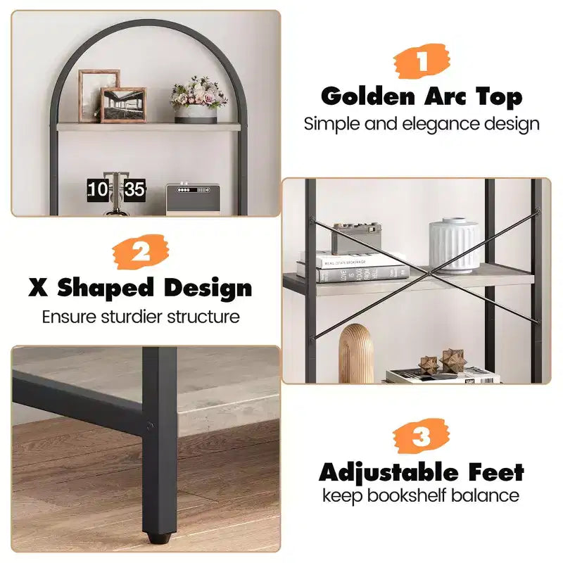 5-Tier Bookshelf - Arched Metal Frame Bookcase, Tall Standing Shelf for Bedroom, Living Room &amp; Home Office