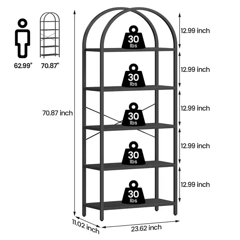 5-Tier Bookshelf - Arched Metal Frame Bookcase, Tall Standing Shelf for Bedroom, Living Room &amp; Home Office