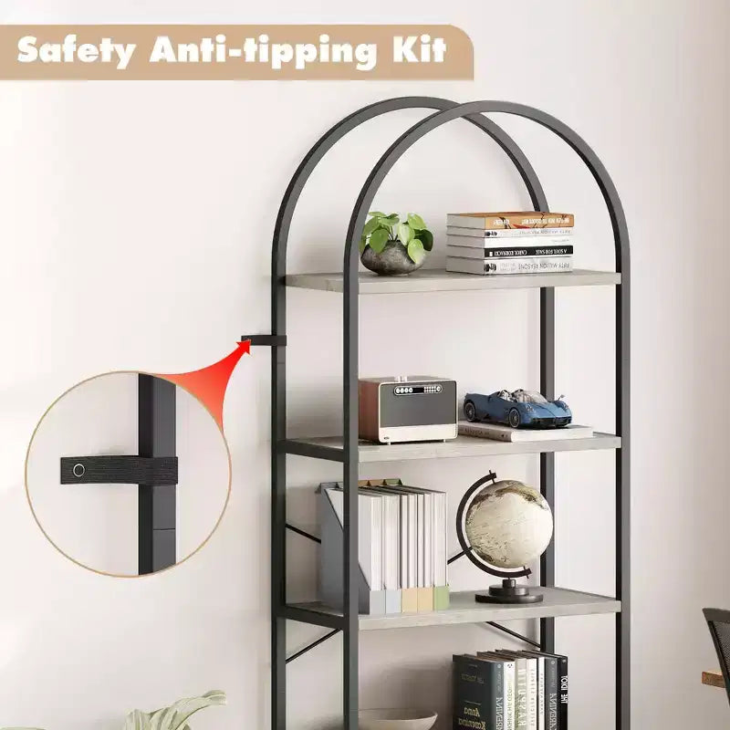 5-Tier Bookshelf - Arched Metal Frame Bookcase, Tall Standing Shelf for Bedroom, Living Room &amp; Home Office