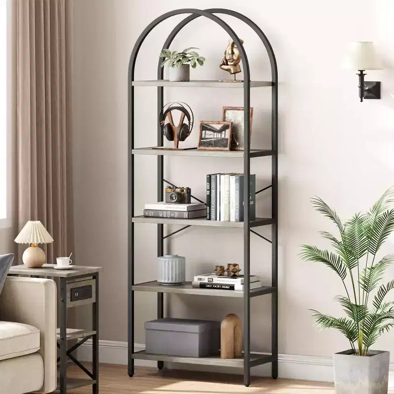 5-Tier Bookshelf - Arched Metal Frame Bookcase, Tall Standing Shelf for Bedroom, Living Room &amp; Home Office