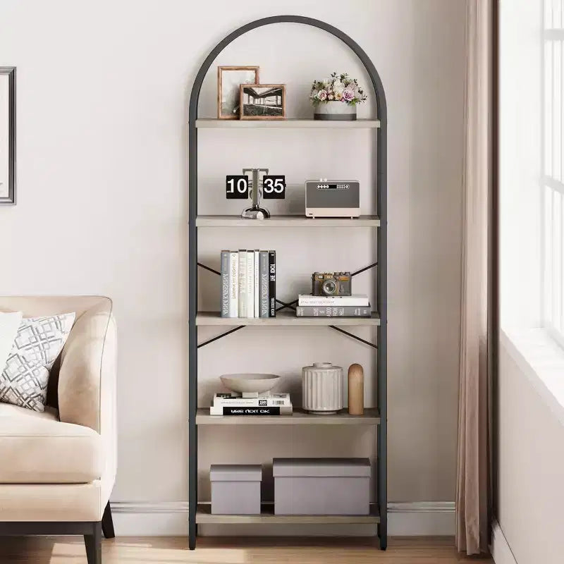 5-Tier Bookshelf - Arched Metal Frame Bookcase, Tall Standing Shelf for Bedroom, Living Room &amp; Home Office