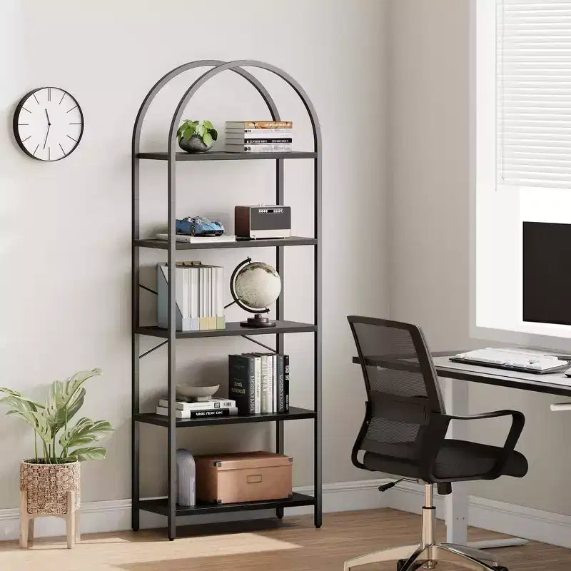 5-Tier Bookshelf - Arched Metal Frame Bookcase, Tall Standing Shelf for Bedroom, Living Room &amp; Home Office