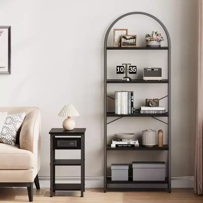 5-Tier Bookshelf - Arched Metal Frame Bookcase, Tall Standing Shelf for Bedroom, Living Room &amp; Home Office