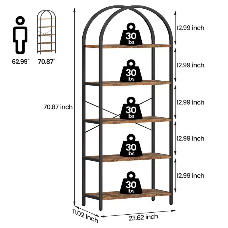 5-Tier Bookshelf - Arched Metal Frame Bookcase, Tall Standing Shelf for Bedroom, Living Room &amp; Home Office