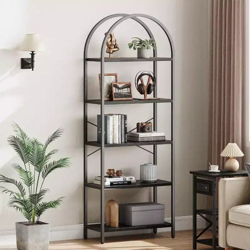 Garvee 5-Tier Bookshelf - Arched Metal Frame Bookcase, Tall Standing Shelf for Bedroom, Living Room &amp; Home Office