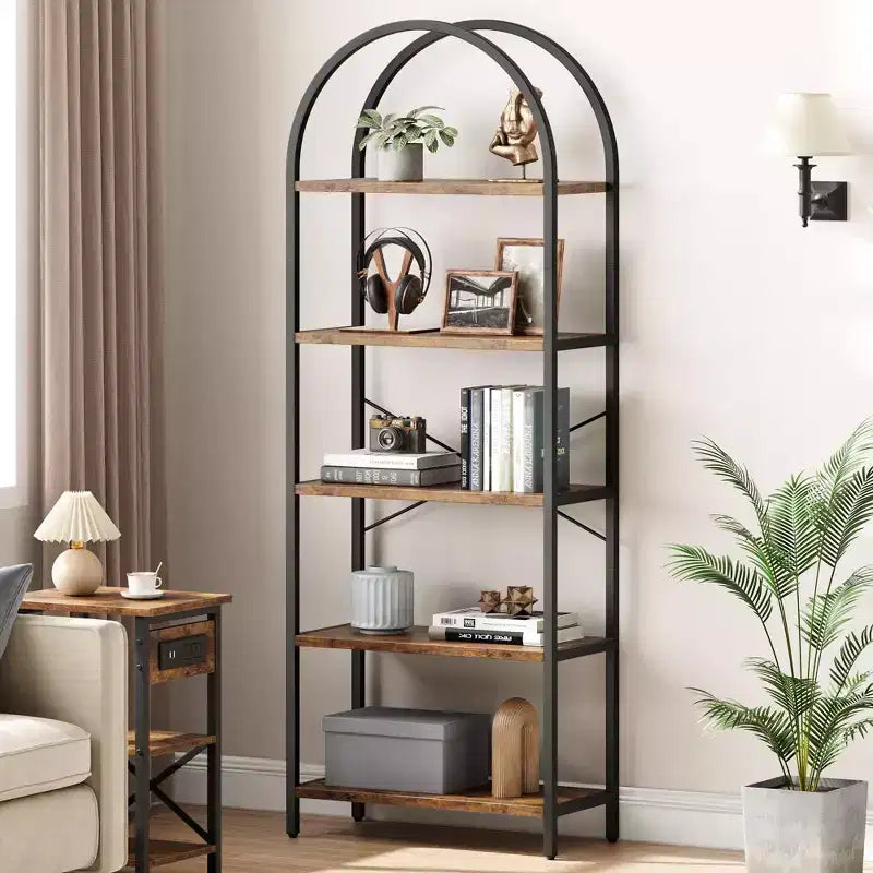 5-Tier Bookshelf - Arched Metal Frame Bookcase, Tall Standing Shelf for Bedroom, Living Room &amp; Home Office