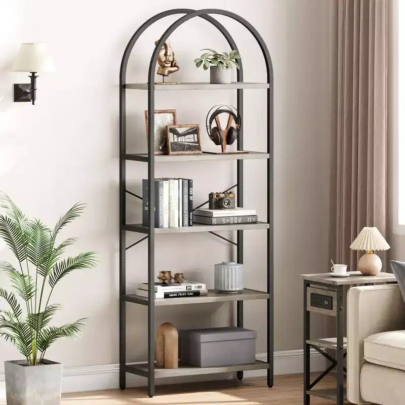 5-Tier Bookshelf - Arched Metal Frame Bookcase, Tall Standing Shelf for Bedroom, Living Room &amp; Home Office