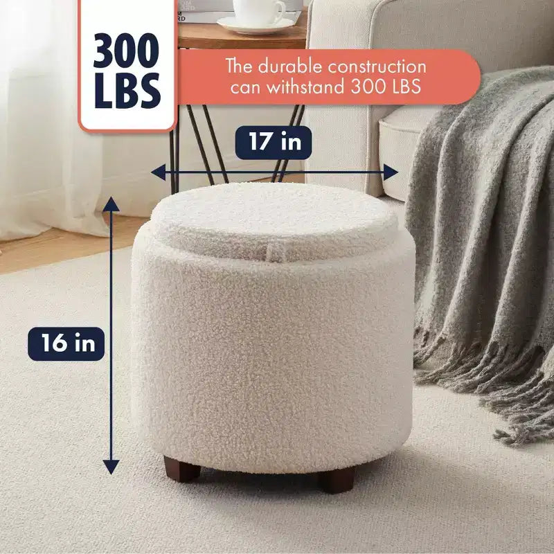 Round Boucle White Storage Ottoman with Table Top Lid