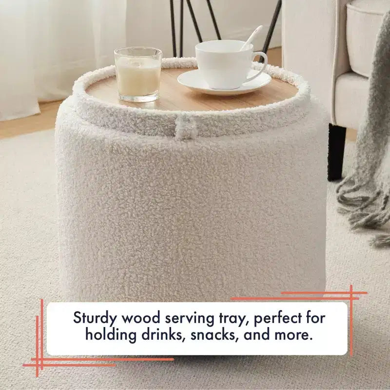 Round Boucle White Storage Ottoman with Table Top Lid