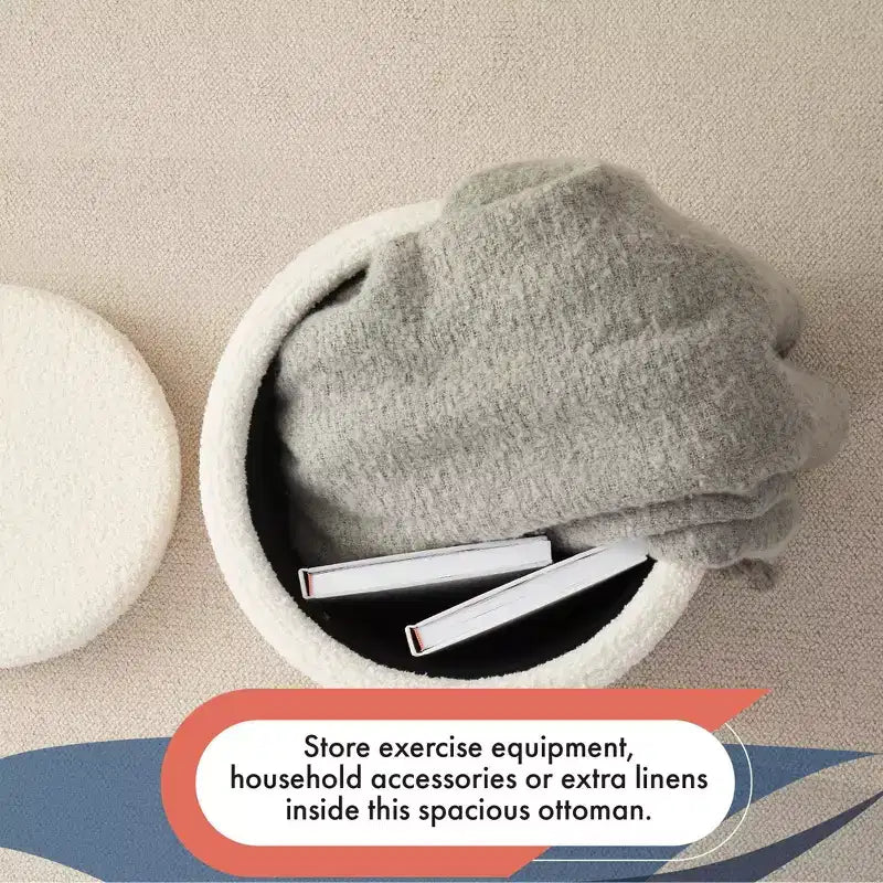 Pouf contenitore rotondo bianco in bouclé con coperchio utilizzabile come tavolino