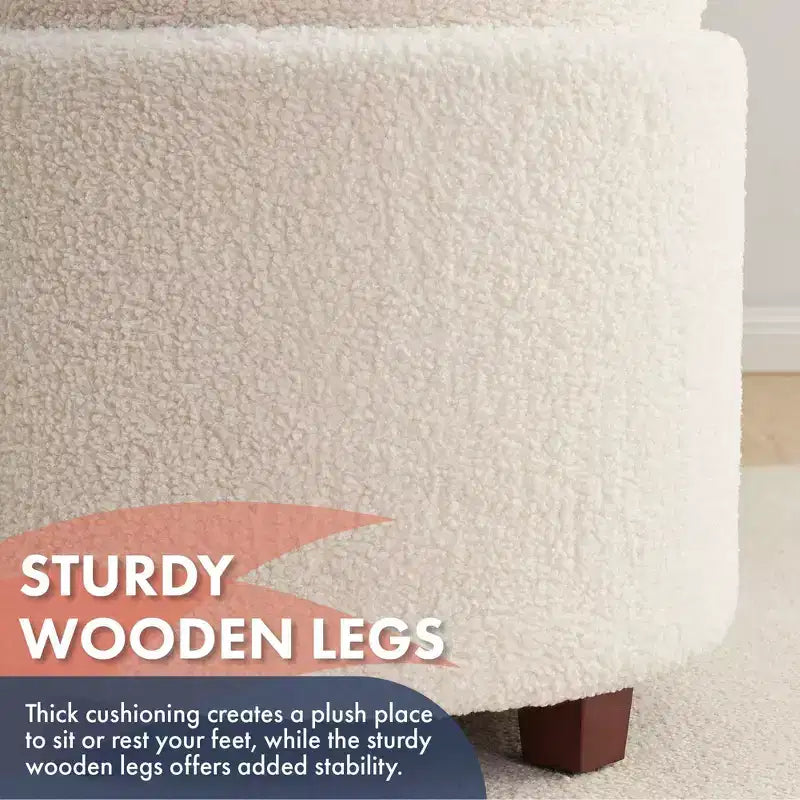 Pouf contenitore rotondo bianco in bouclé con coperchio utilizzabile come tavolino