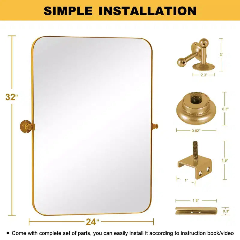 80cm Gold Iron Rectangular Mirror with Rounded Corners and Hardware, 4cm Depth (Double-Sided)