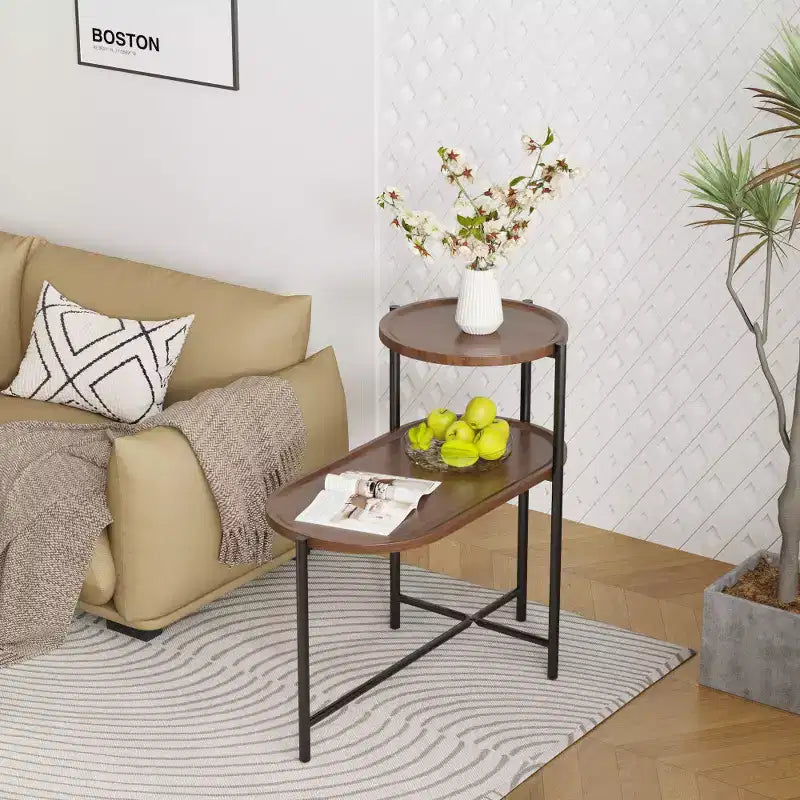 Space-saving Walnut Brown Nightstand for Living Room - 2-tier Modern Sofa Side Table with Wood Storage Shelf