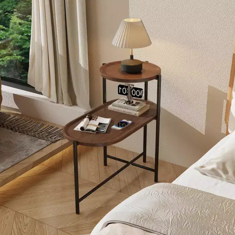Space-saving Walnut Brown Nightstand for Living Room - 2-tier Modern Sofa Side Table with Wood Storage Shelf
