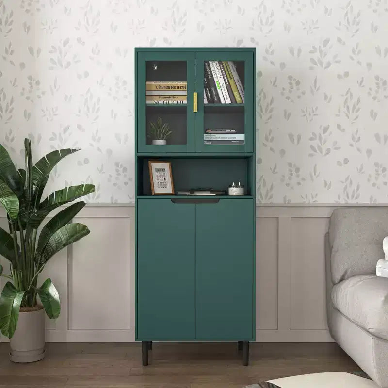 Tempered Glass Door Tall Storage Bookcase with adjustable board, 4 doors MDF painting finished cabinet, White, Living room Bedroom storage