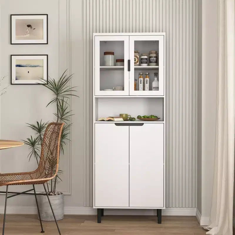 Tempered Glass Door Tall Storage Bookcase with adjustable board, 4 doors MDF painting finished cabinet, White, Living room Bedroom storage