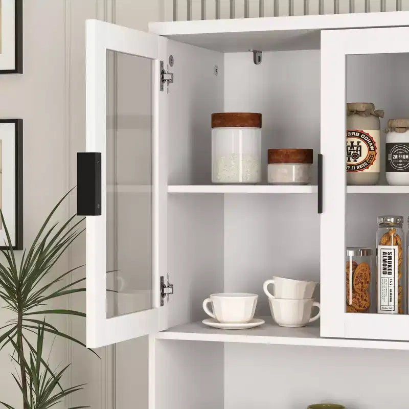 Tempered Glass Door Tall Storage Bookcase with adjustable board, 4 doors MDF painting finished cabinet, White, Living room Bedroom storage