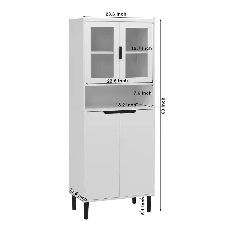 Tempered Glass Door Tall Storage Bookcase with adjustable board, 4 doors MDF painting finished cabinet, White, Living room Bedroom storage