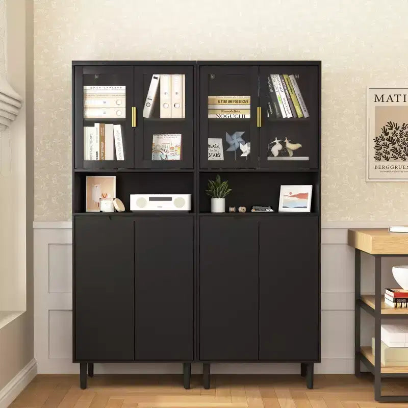 Tempered Glass Door Tall Storage Bookcase with adjustable board, 4 doors MDF painting finished cabinet, White, Living room Bedroom storage