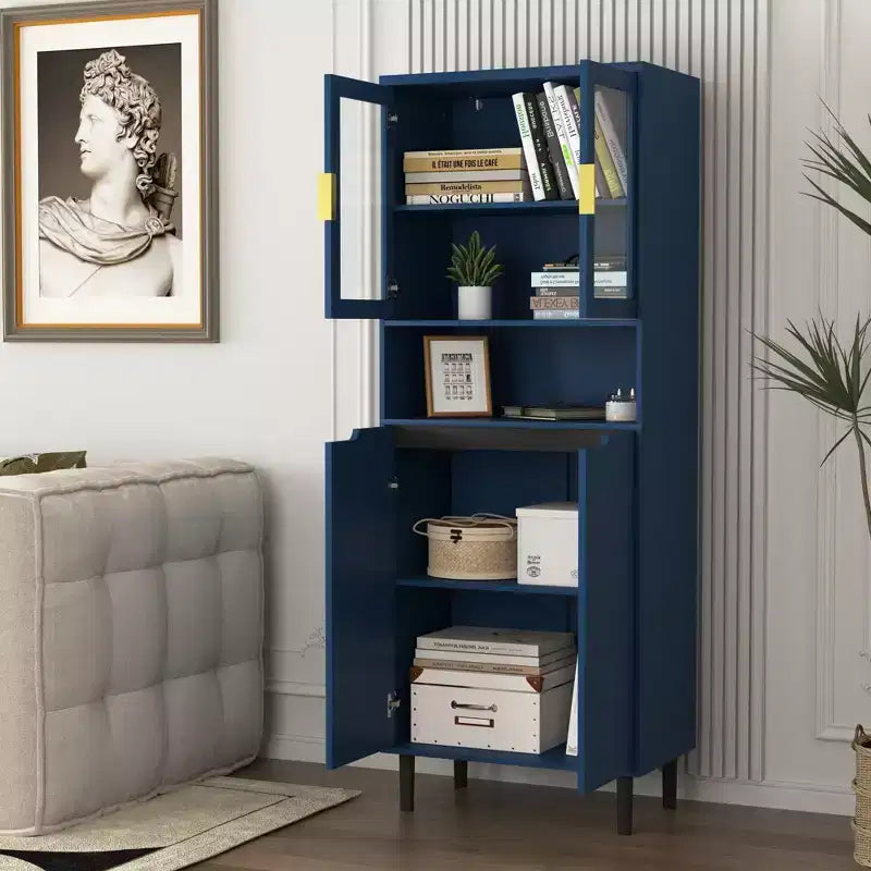 Tempered Glass Door Tall Storage Bookcase with adjustable board, 4 doors MDF painting finished cabinet, White, Living room Bedroom storage