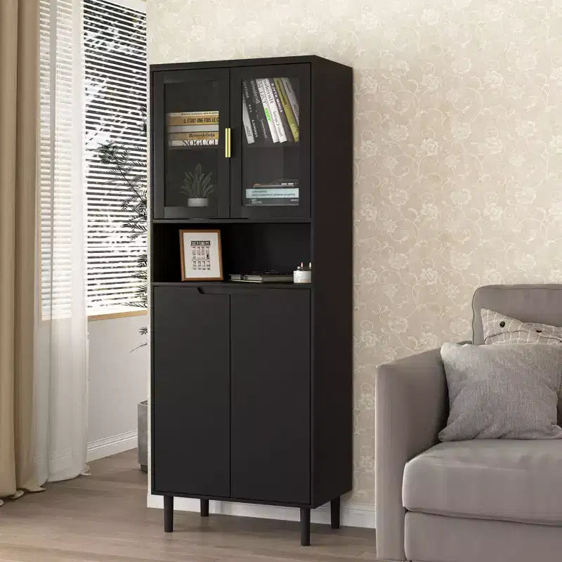 Tempered Glass Door Tall Storage Bookcase with adjustable board, 4 doors MDF painting finished cabinet, White, Living room Bedroom storage
