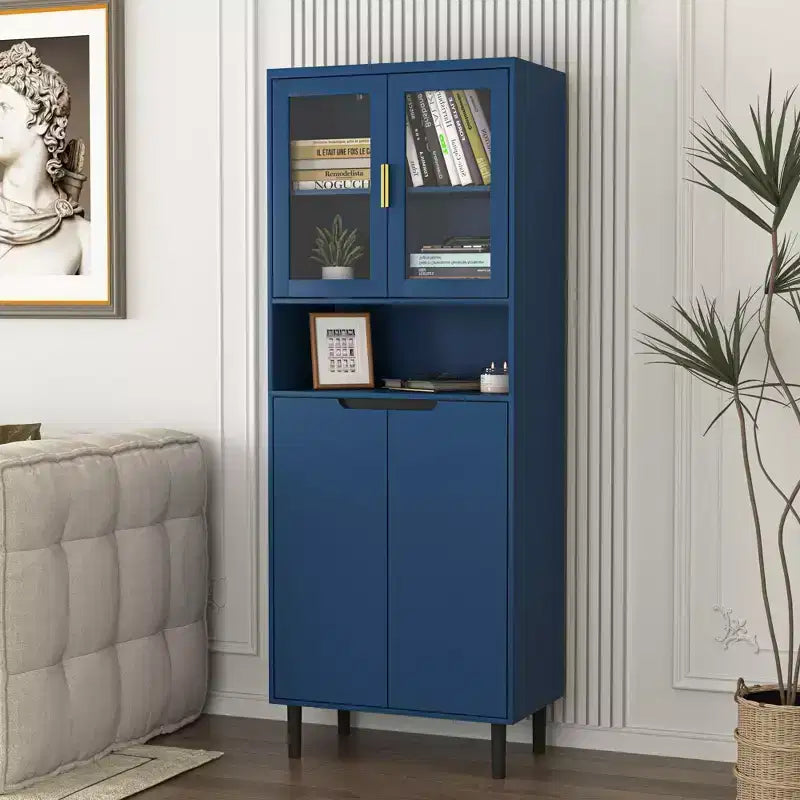 Tempered Glass Door Tall Storage Bookcase with adjustable board, 4 doors MDF painting finished cabinet, White, Living room Bedroom storage