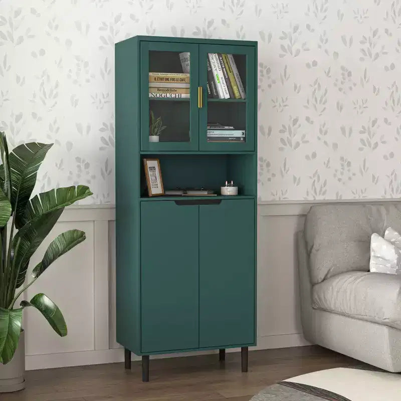 Tempered Glass Door Tall Storage Bookcase with adjustable board, 4 doors MDF painting finished cabinet, White, Living room Bedroom storage