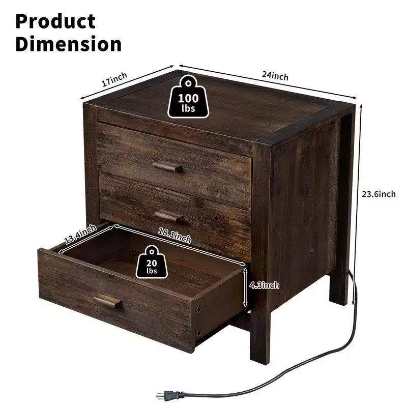 Comodino in legno massello da 24'' W