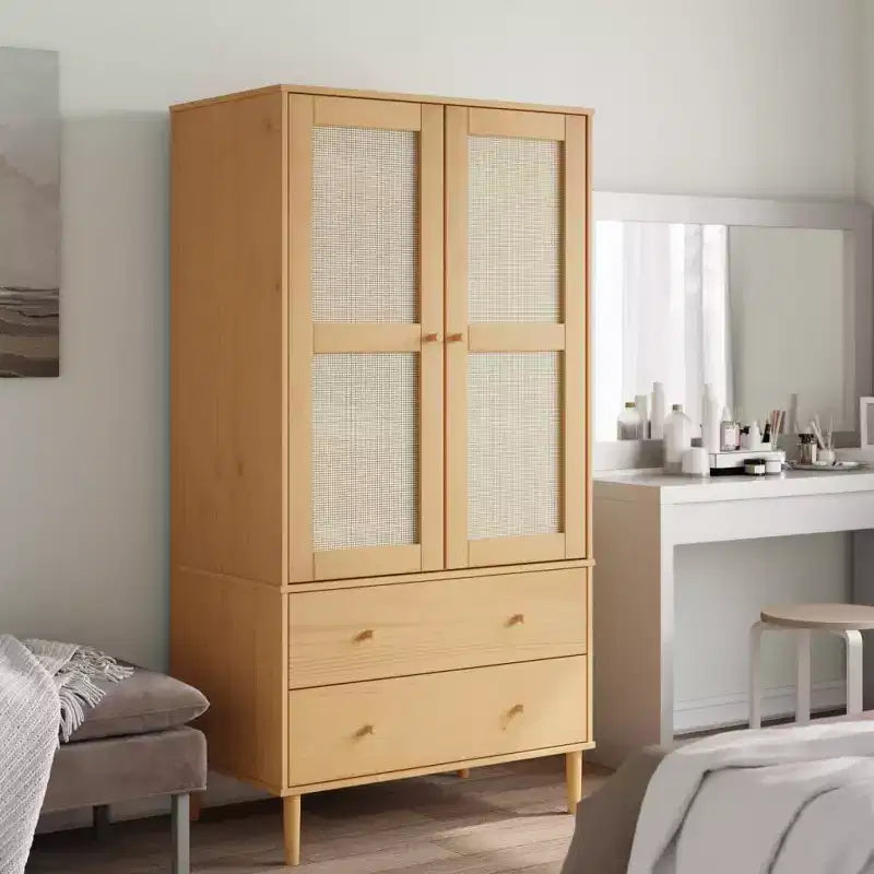 Wardrobe Storage Cabinet Cupboard Rattan Look Solid Wood Pine