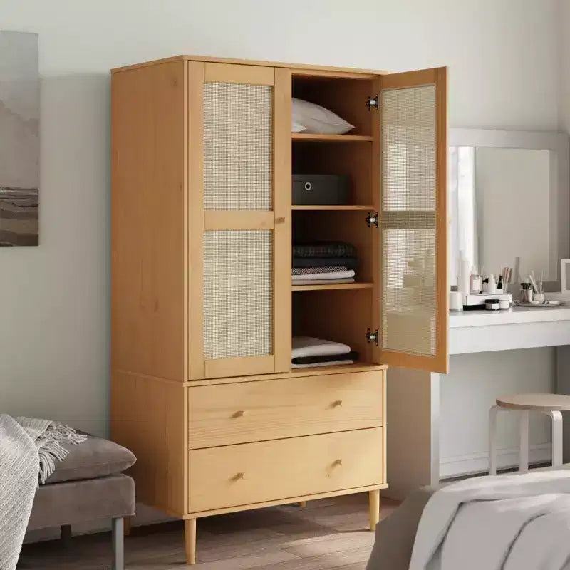 Wardrobe Storage Cabinet Cupboard Rattan Look Solid Wood Pine