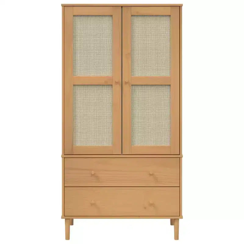 Wardrobe Storage Cabinet Cupboard Rattan Look Solid Wood Pine