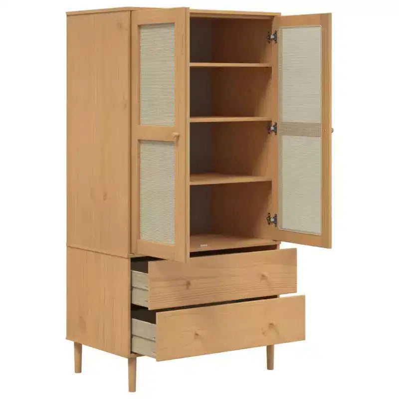 Wardrobe Storage Cabinet Cupboard Rattan Look Solid Wood Pine