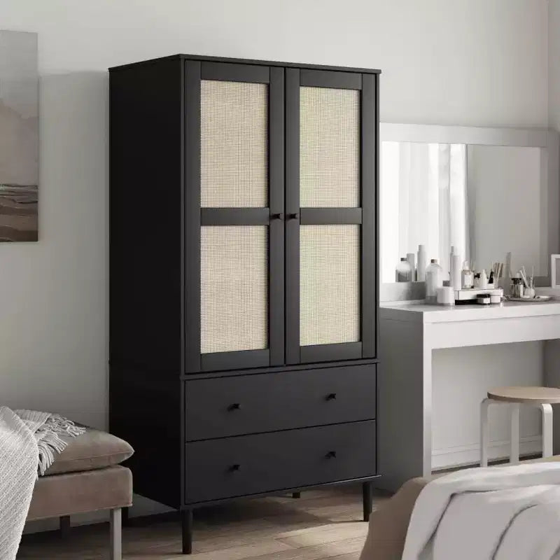 Wardrobe Storage Cabinet Cupboard Rattan Look Solid Wood Pine