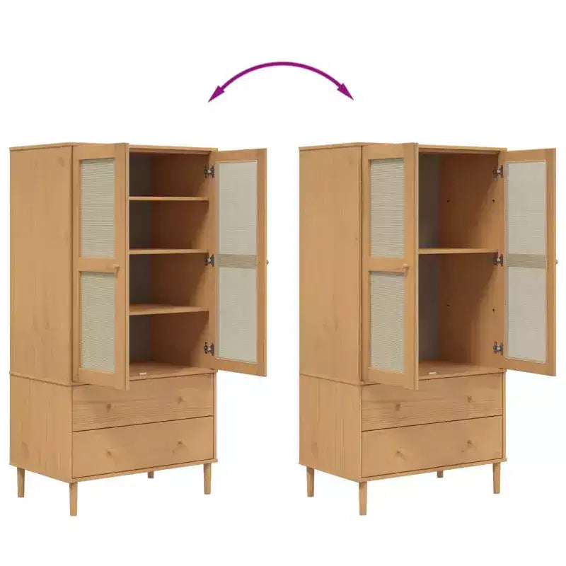 Wardrobe Storage Cabinet Cupboard Rattan Look Solid Wood Pine