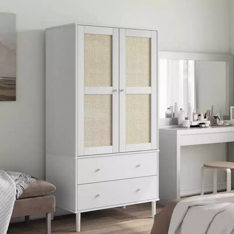 Wardrobe Storage Cabinet Cupboard Rattan Look Solid Wood Pine