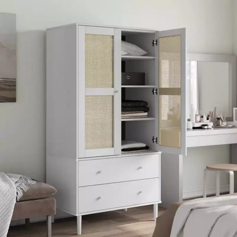 Wardrobe Storage Cabinet Cupboard Rattan Look Solid Wood Pine