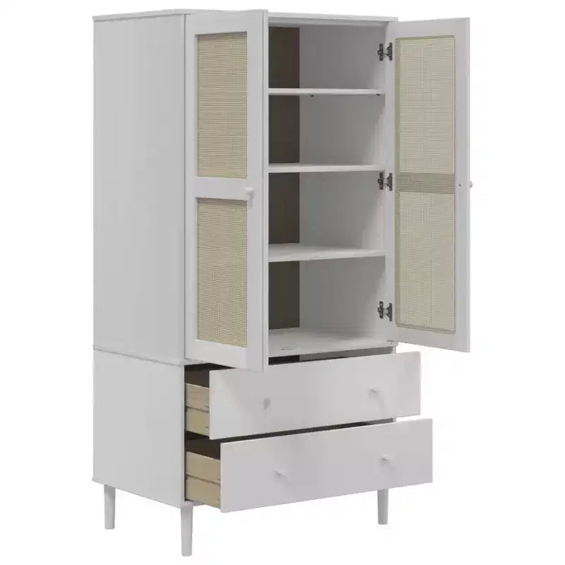 Wardrobe Storage Cabinet Cupboard Rattan Look Solid Wood Pine