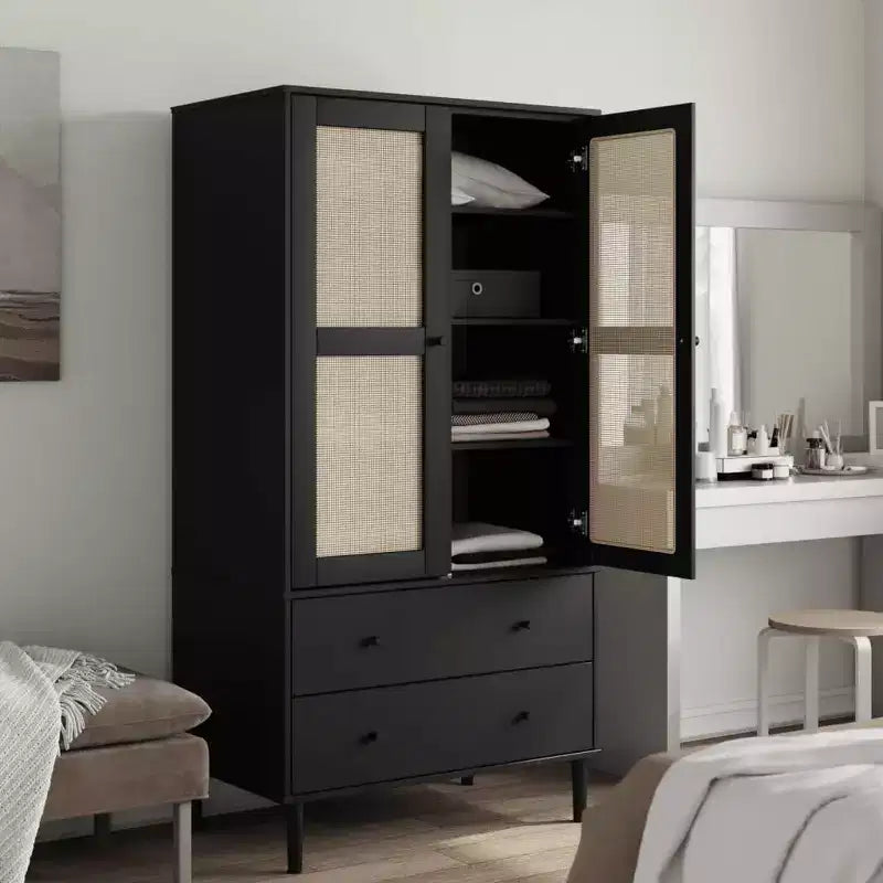 Wardrobe Storage Cabinet Cupboard Rattan Look Solid Wood Pine