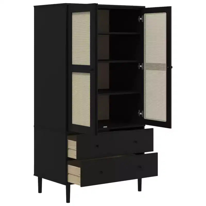 Wardrobe Storage Cabinet Cupboard Rattan Look Solid Wood Pine